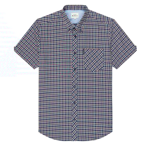 Ben Sherman Short Sleeve Overcheck Shirt Blue Denim
